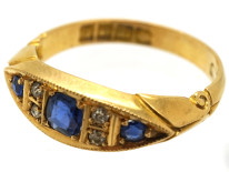 Victorian 18ct Gold, Three Stone Sapphire & Diamond Ring