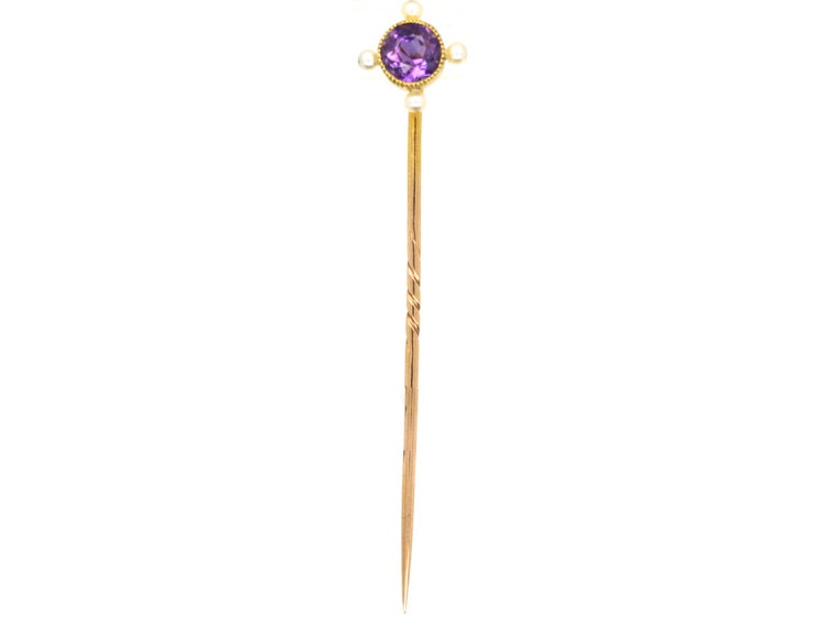 Edwardian 15ct Gold Amethyst & Natural Pearl Tie Pin