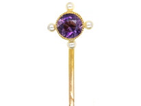 Edwardian 15ct Gold Amethyst & Natural Pearl Tie Pin
