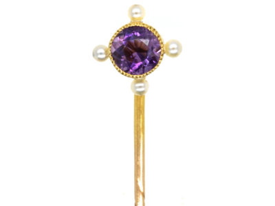 Edwardian 15ct Gold Amethyst & Natural Pearl Tie Pin