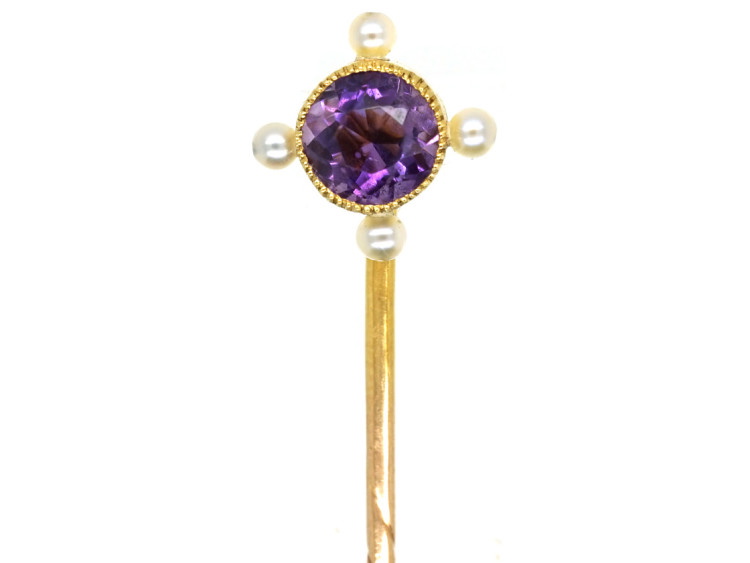Edwardian 15ct Gold Amethyst & Natural Pearl Tie Pin