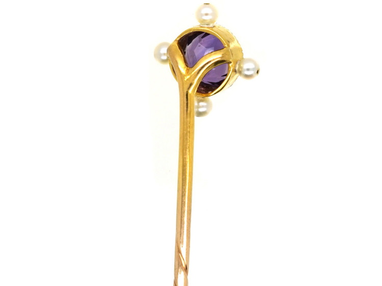 Edwardian 15ct Gold Amethyst & Natural Pearl Tie Pin