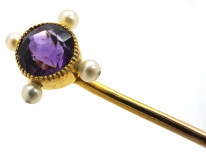 Edwardian 15ct Gold Amethyst & Natural Pearl Tie Pin