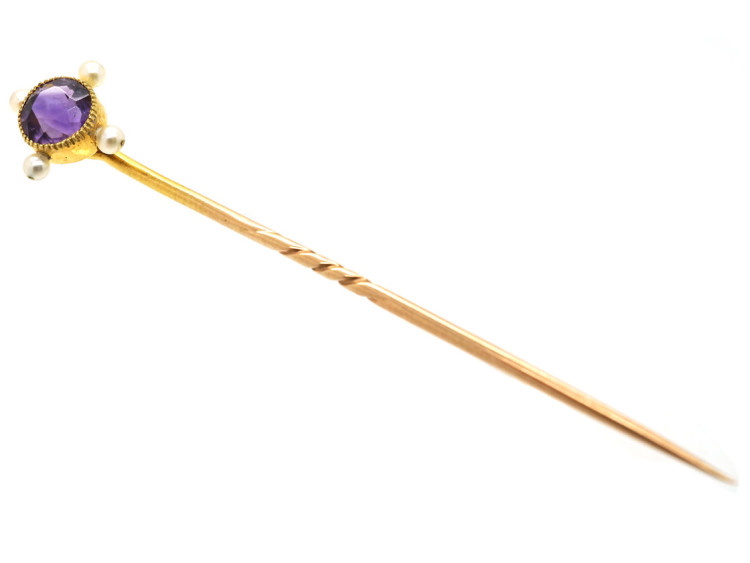 Edwardian 15ct Gold Amethyst & Natural Pearl Tie Pin