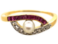 Art Deco 18ct Gold, Platinum, Ruby, Diamond, & Pearl Eye Ring