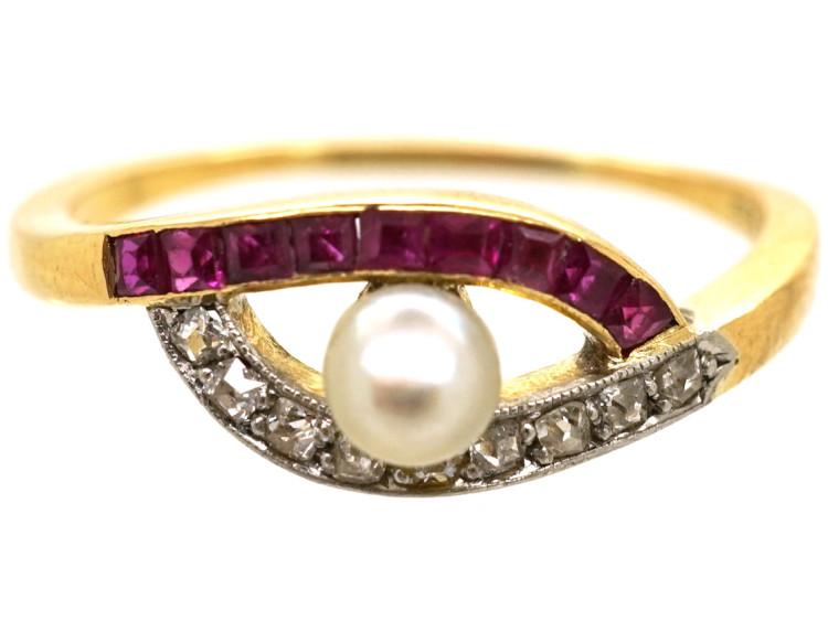 Art Deco 18ct Gold, Platinum, Ruby, Diamond, & Pearl Eye Ring