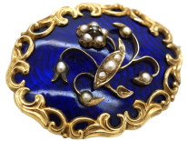 Victorian 15ct Gold & Royal Blue Enamel Brooch With Pearl Set Flower Spray