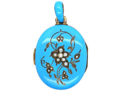 Victorian Silver, Natural Split Pearl & Turquoise Blue Enamel Forget me Not Locket