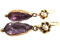 Regency 15ct Gold Natural Pearl & Foiled Amethyst Drop Earrings