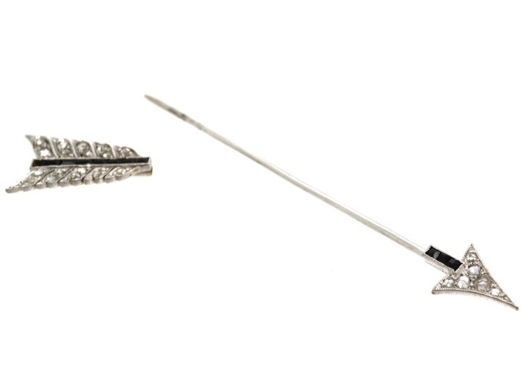 Art Deco Platinum, Onyx & Rose Diamond Arrow Brooch