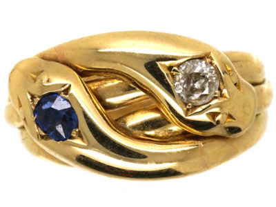 Victorian 18ct Gold Double Snake Ring Set With a Diamond & a Sapphire Victorian 18ct Gold Double Snake Ring Set With a Diamond & a Sapphire