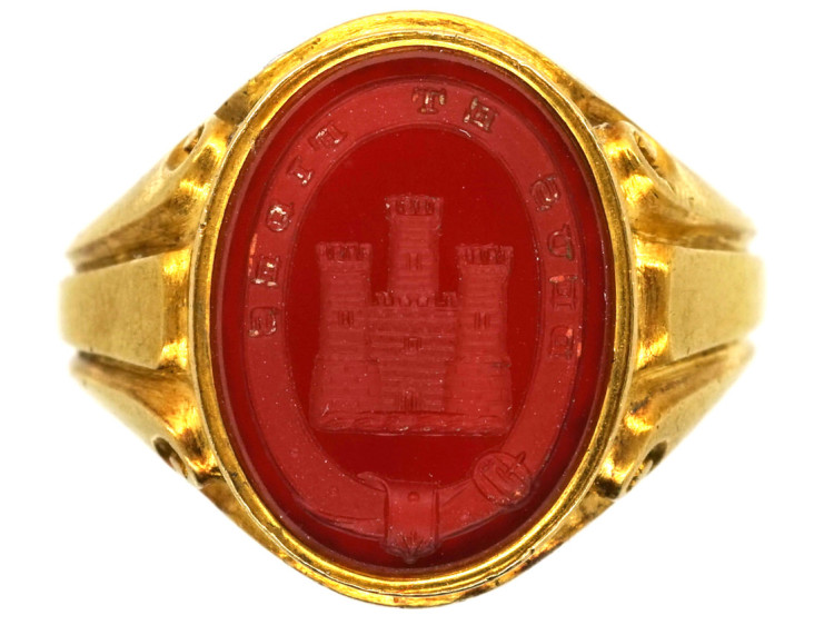 Victorian 18ct Gold & Carnelian Signet Ring With an Intaglio of a Castle