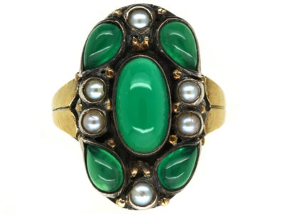 Silver, Chalcedony & Natural Split Pearl Arts & Crafts Ring by Bernard Instone