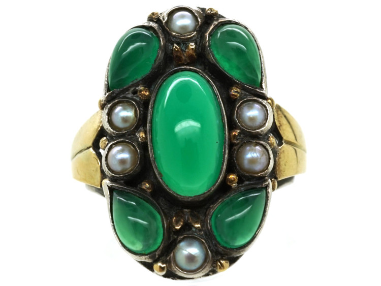 Silver, Chalcedony & Natural Split Pearl Arts & Crafts Ring by Bernard Instone