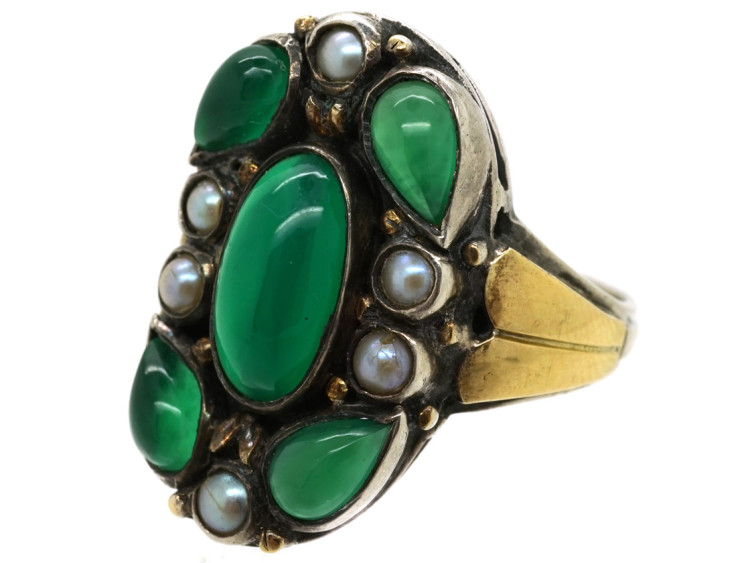Silver, Chalcedony & Natural Split Pearl Arts & Crafts Ring by Bernard Instone