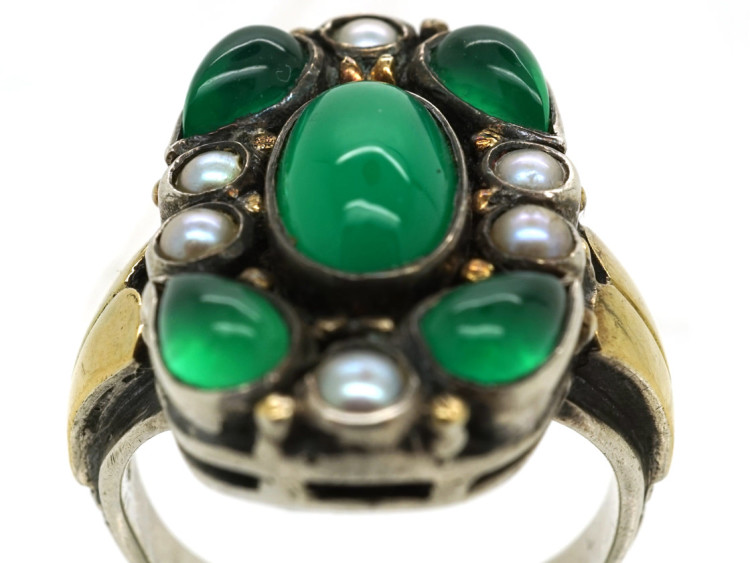 Silver, Chalcedony & Natural Split Pearl Arts & Crafts Ring by Bernard Instone