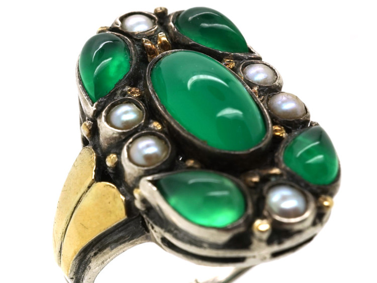 Silver, Chalcedony & Natural Split Pearl Arts & Crafts Ring by Bernard Instone