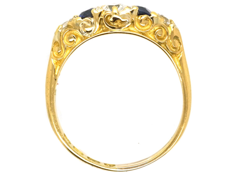 Victorian 18ct Gold, Carved Half Hoop Sapphire & Diamond Ring