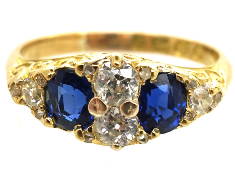 Victorian 18ct Gold, Carved Half Hoop Sapphire & Diamond Ring