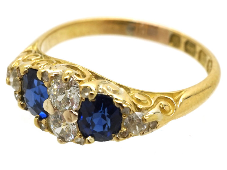 Victorian 18ct Gold, Carved Half Hoop Sapphire & Diamond Ring