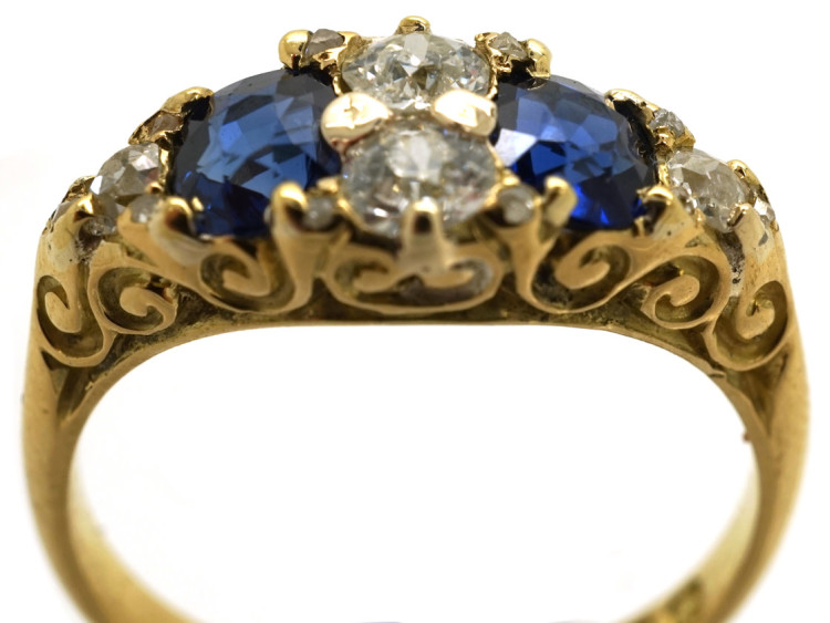 Victorian 18ct Gold, Carved Half Hoop Sapphire & Diamond Ring