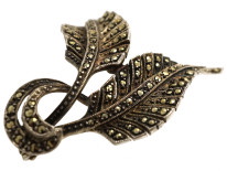 Art Deco Silver & Marcasite Double Leaf Brooch