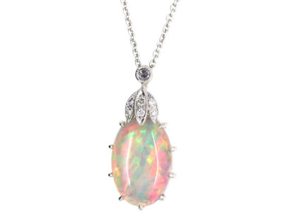 Edwardian 18ct White Gold, Opal & Diamond Pendant on 18ct White Gold Chain