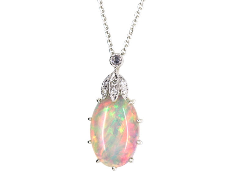 Edwardian 18ct White Gold, Opal & Diamond Pendant on 18ct White Gold Chain