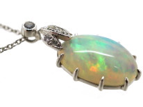 Edwardian 18ct White Gold, Opal & Diamond Pendant on 18ct White Gold Chain