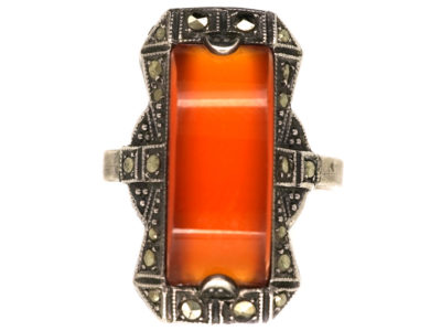 Art Deco Silver, Marcasite & Carnelian Ring
