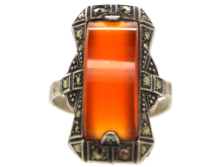 Art Deco Silver, Marcasite & Carnelian Ring