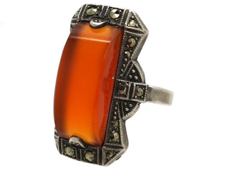 Art Deco Silver, Marcasite & Carnelian Ring