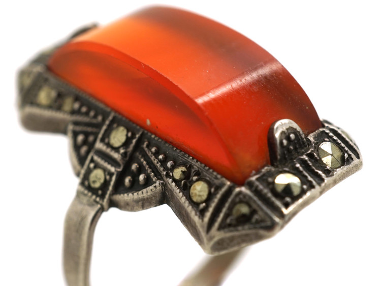 Art Deco Silver, Marcasite & Carnelian Ring