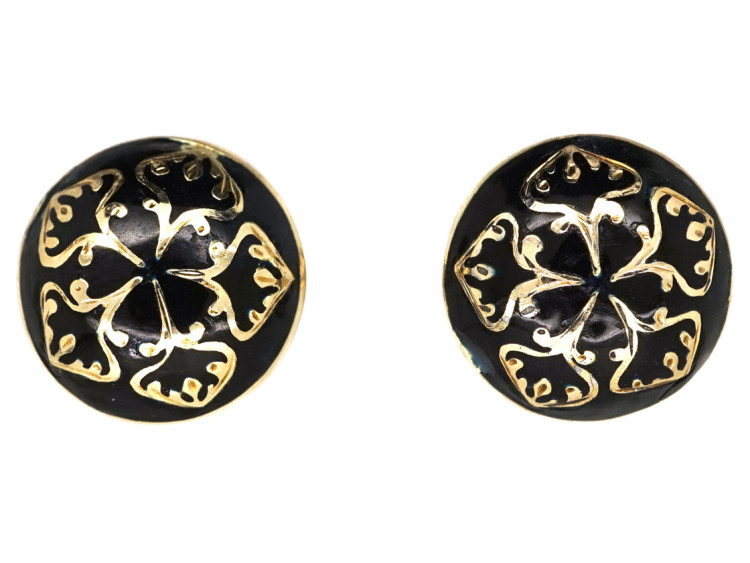 Victorian 15ct Gold & Black Enamel Round Earrings