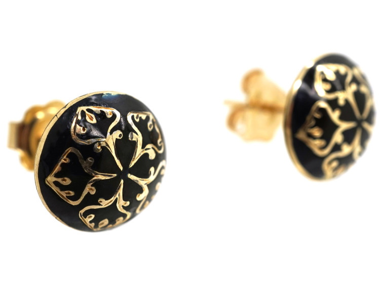 Victorian 15ct Gold & Black Enamel Round Earrings
