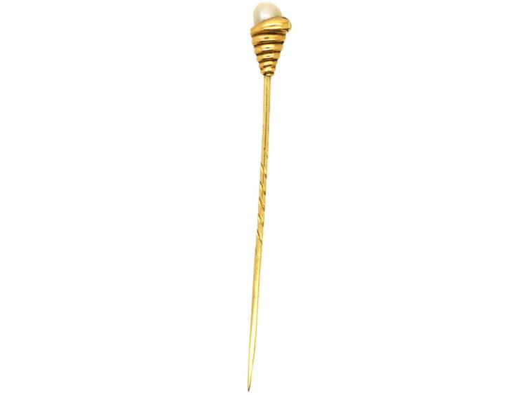 Victorian 18ct Gold Coiled Snake Tie Pin Set With a Natural Pearl