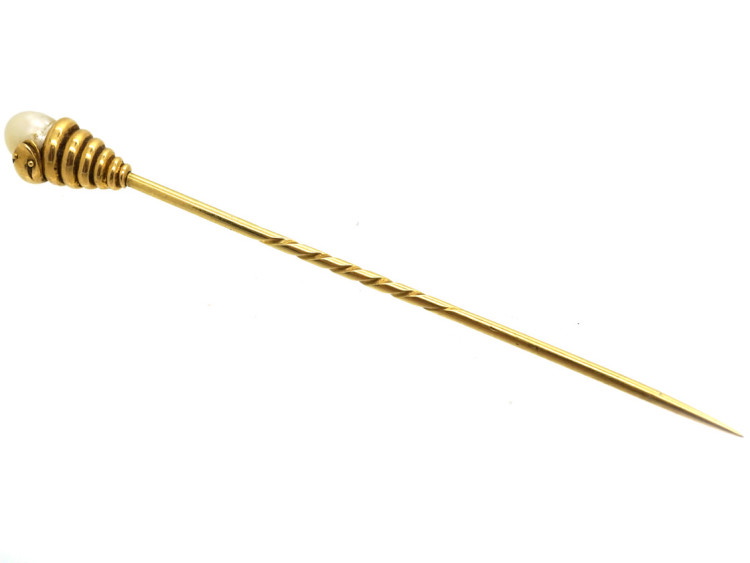 Victorian 18ct Gold Coiled Snake Tie Pin Set With a Natural Pearl