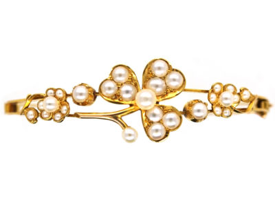 Edwardian 15ct Gold & Natural Split Pearl Bangle in Original Case