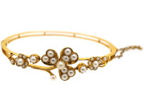 Edwardian 15ct Gold & Natural Split Pearl Bangle in Original Case