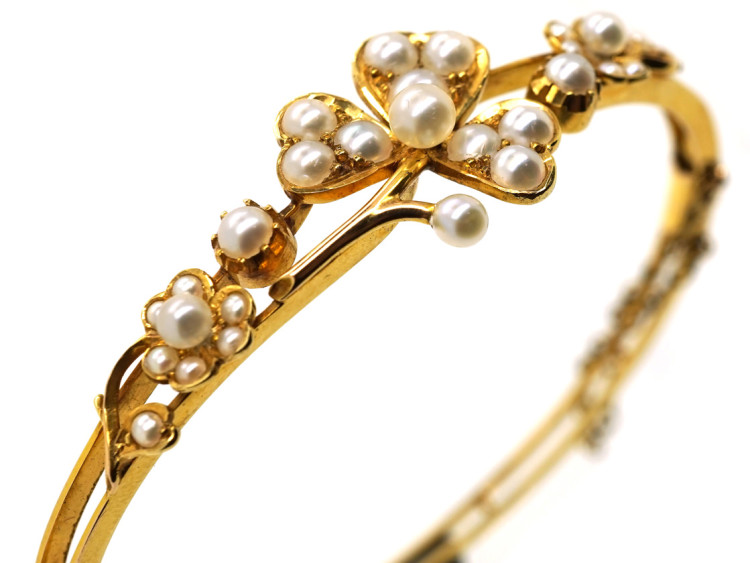 Edwardian 15ct Gold & Natural Split Pearl Bangle in Original Case