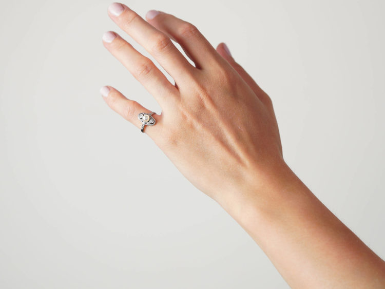 Art Deco Platinum, Natural Pearl & Diamond Ring