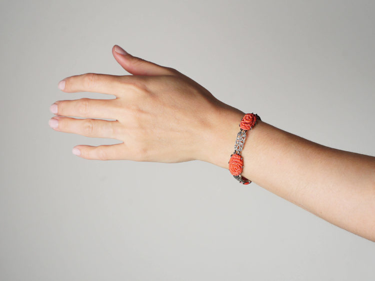 Art Deco Silver, Marcasite & Coral Bracelet