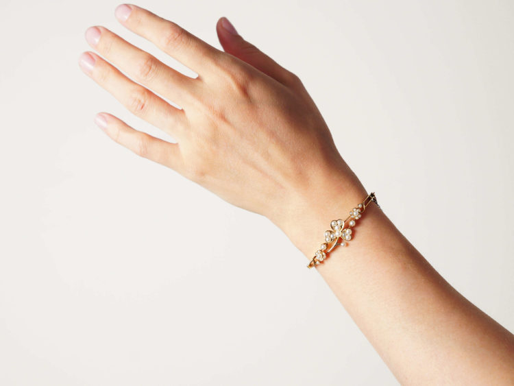Edwardian 15ct Gold & Natural Split Pearl Bangle in Original Case