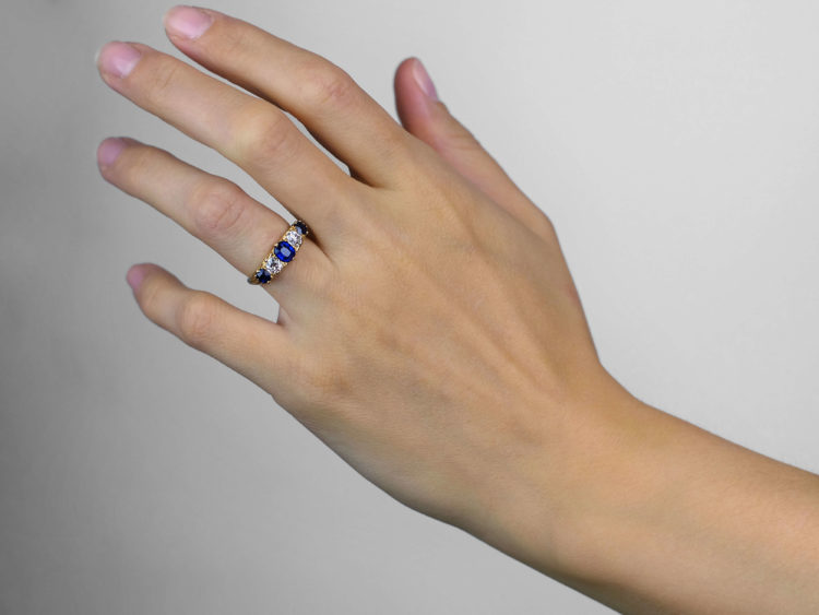 Edwardian 18ct Gold , Burma Sapphire & Diamond Five Stone Carved Half Hoop Ring