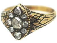 Victorian 18ct Gold & Black Enamel Marquise Ring set with Rose Diamonds