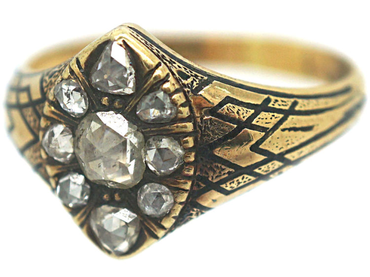 Victorian 18ct Gold & Black Enamel Marquise Ring set with Rose Diamonds
