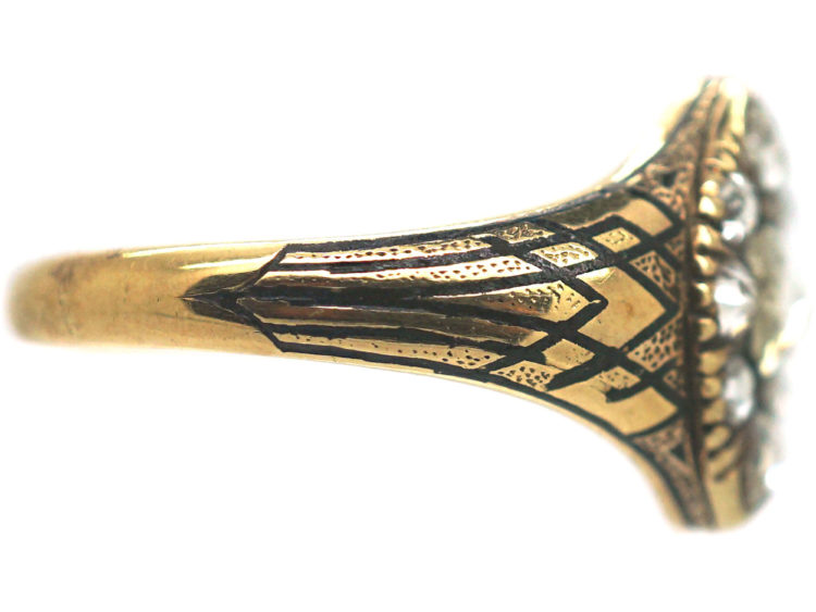 Victorian 18ct Gold & Black Enamel Marquise Ring set with Rose Diamonds
