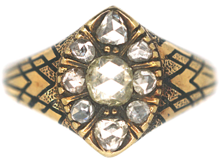 Victorian 18ct Gold & Black Enamel Marquise Ring set with Rose Diamonds