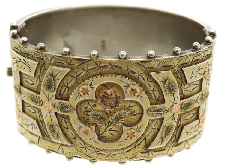 Victorian Silver Gilt Bangle With Rose Motif