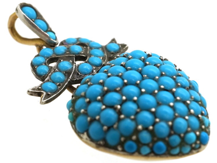 Victorian 15ct Gold & Silver Heart & Lover's Knot Pendant set with Turquoise